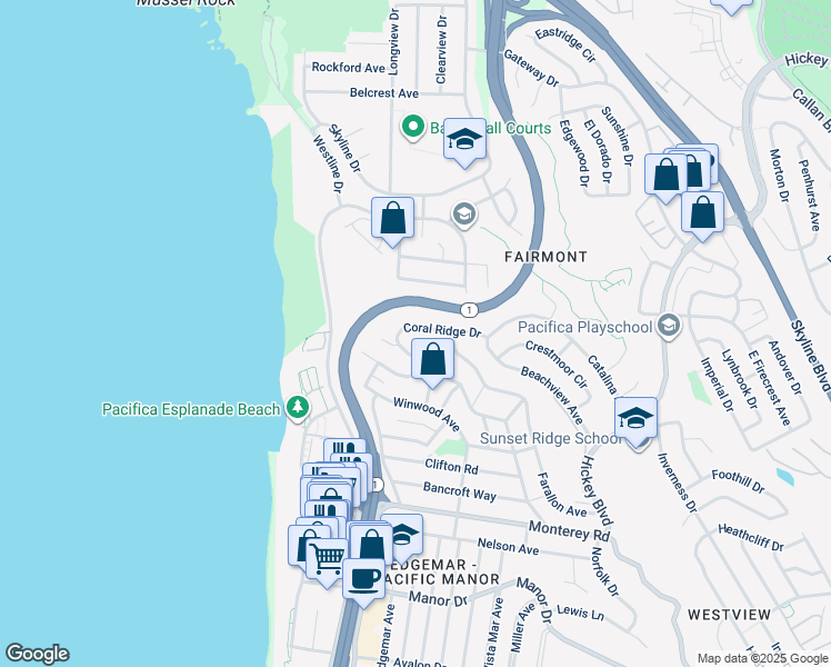 map of restaurants, bars, coffee shops, grocery stores, and more near 354 Coral Ridge Drive in Pacifica