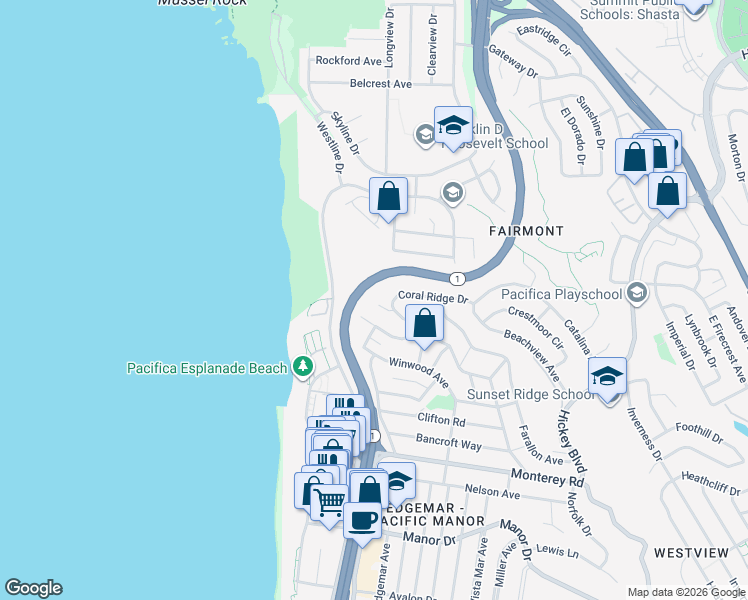 map of restaurants, bars, coffee shops, grocery stores, and more near 14 Holiday Court in Pacifica