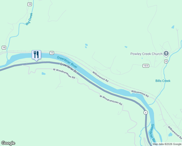 map of restaurants, bars, coffee shops, grocery stores, and more near Willowwood-Wiggins Bridge in Hinton