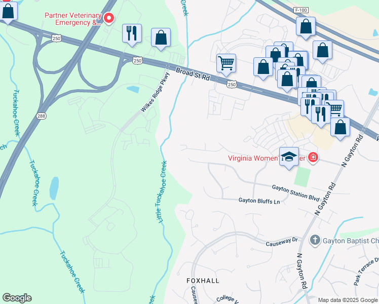 map of restaurants, bars, coffee shops, grocery stores, and more near 3545 Graham Meadows Place in Henrico