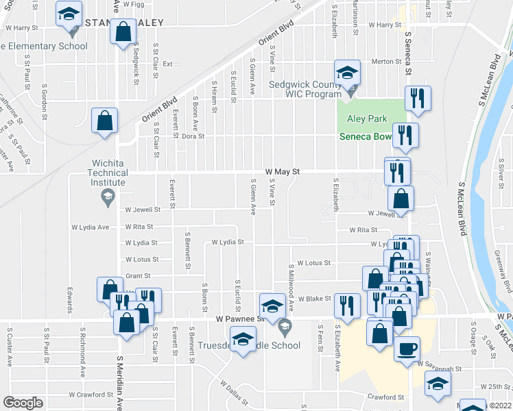 map of restaurants, bars, coffee shops, grocery stores, and more near 2058 South Glenn Avenue in Wichita