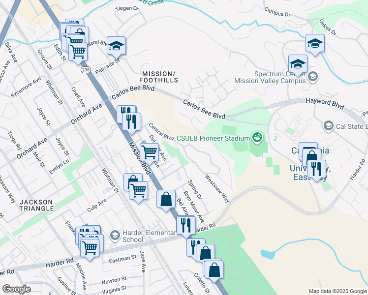 map of restaurants, bars, coffee shops, grocery stores, and more near Central Blvd & Maitland Dr in Hayward