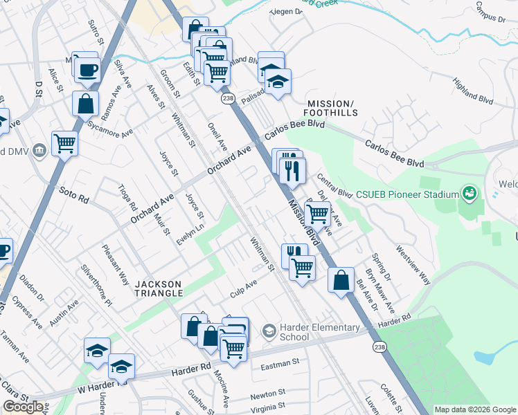 map of restaurants, bars, coffee shops, grocery stores, and more near 664 Berry Avenue in Hayward