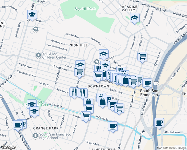map of restaurants, bars, coffee shops, grocery stores, and more near 548 4th Lane in South San Francisco