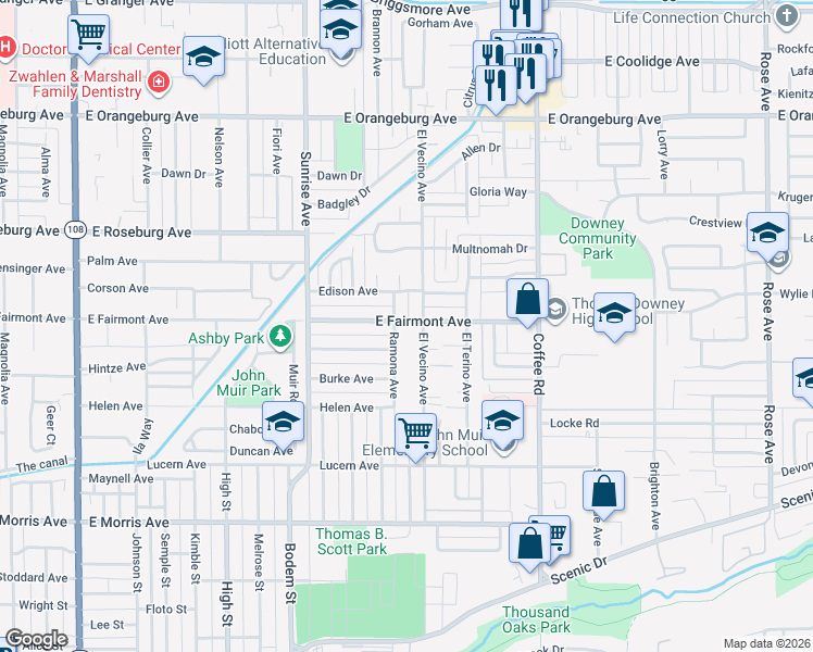map of restaurants, bars, coffee shops, grocery stores, and more near 1002 East Fairmont Avenue in Modesto