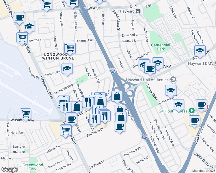 map of restaurants, bars, coffee shops, grocery stores, and more near 617 Quincy Way in Hayward