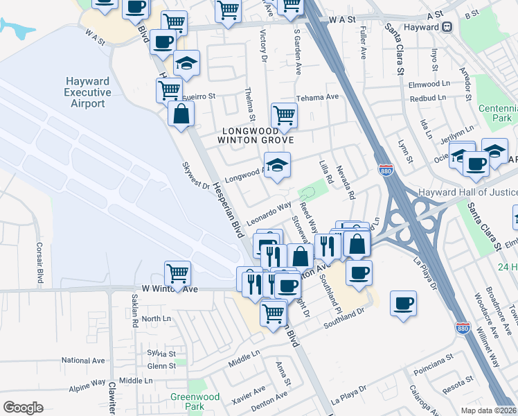 map of restaurants, bars, coffee shops, grocery stores, and more near 912 Cottonwood Avenue in Hayward