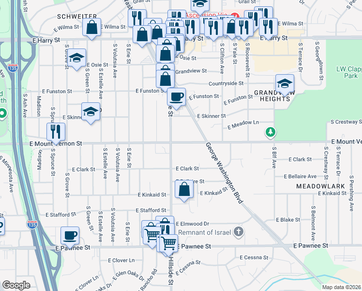 map of restaurants, bars, coffee shops, grocery stores, and more near 3304 East Mount Vernon Street in Wichita