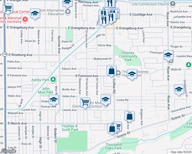map of restaurants, bars, coffee shops, grocery stores, and more near 1148 East Fairmont Avenue in Modesto