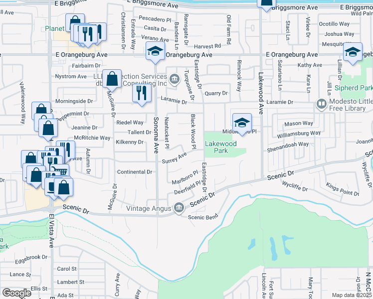 map of restaurants, bars, coffee shops, grocery stores, and more near 2621 Fairhaven Place in Modesto