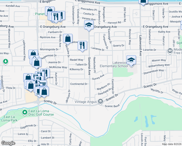 map of restaurants, bars, coffee shops, grocery stores, and more near 2600 Westbury Lane in Modesto