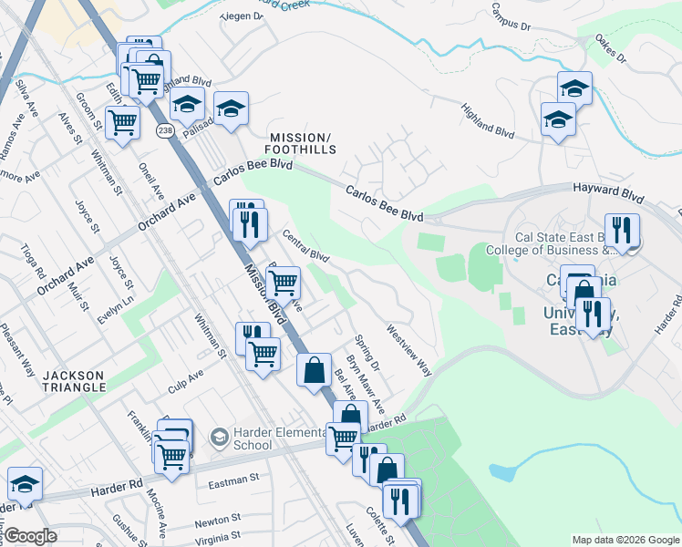 map of restaurants, bars, coffee shops, grocery stores, and more near 25552 Maitland Drive in Hayward