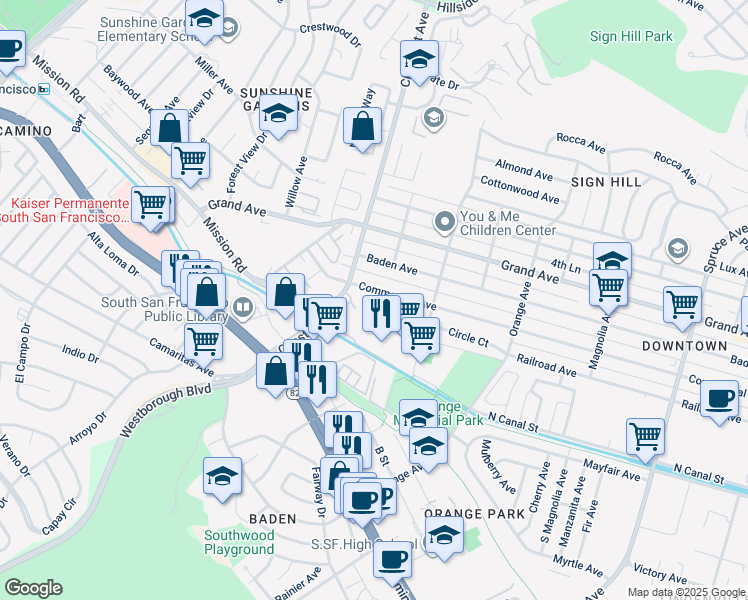 map of restaurants, bars, coffee shops, grocery stores, and more near 866 Commercial Avenue in South San Francisco
