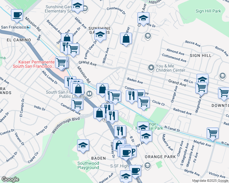map of restaurants, bars, coffee shops, grocery stores, and more near 89 Chestnut Avenue in South San Francisco