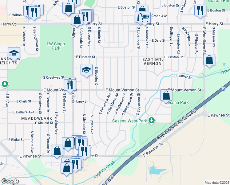 map of restaurants, bars, coffee shops, grocery stores, and more near 1956 South Pinecrest Street in Wichita