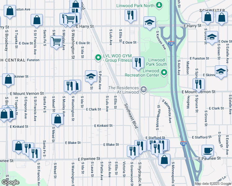 map of restaurants, bars, coffee shops, grocery stores, and more near 1965-1989 Southeast Blvd in Wichita