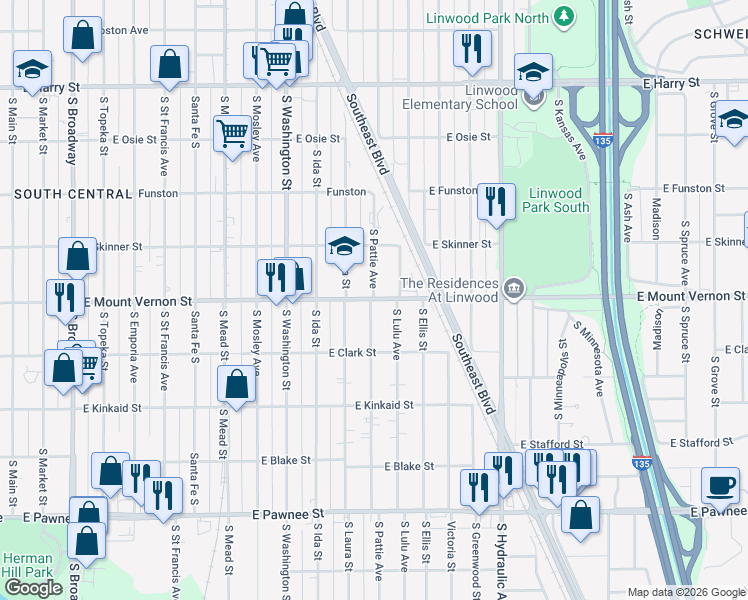 map of restaurants, bars, coffee shops, grocery stores, and more near 1224 East Mount Vernon Street in Wichita