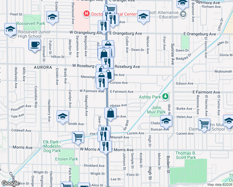 map of restaurants, bars, coffee shops, grocery stores, and more near 120 East Fairmont Avenue in Modesto