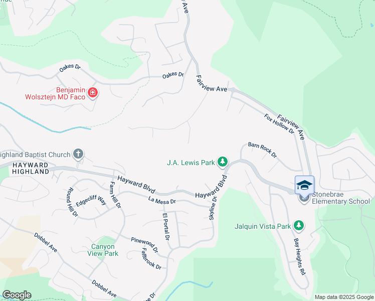 map of restaurants, bars, coffee shops, grocery stores, and more near Quercus Court in Hayward
