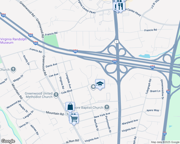 map of restaurants, bars, coffee shops, grocery stores, and more near 1325 Berrymeade Avenue in Glen Allen