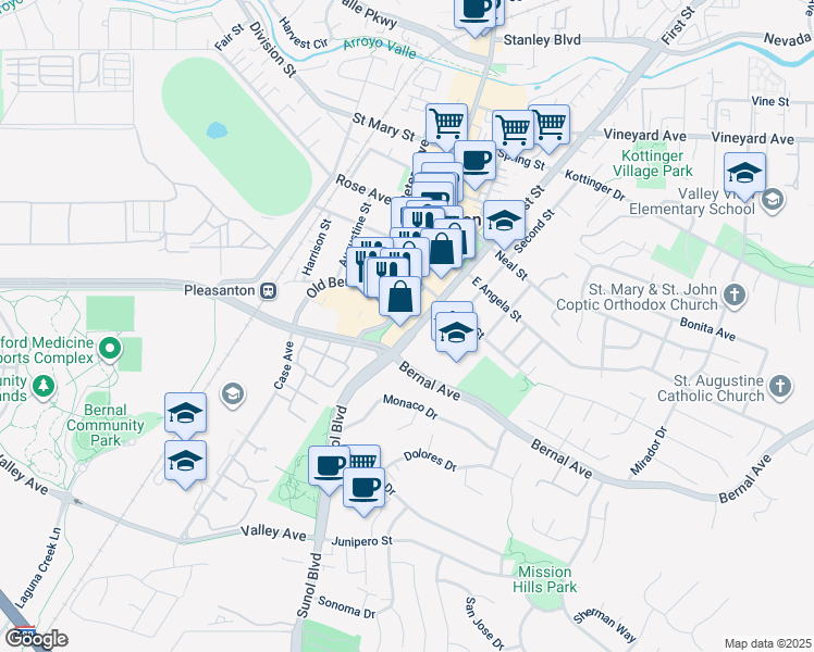 map of restaurants, bars, coffee shops, grocery stores, and more near 4713 First Street in Pleasanton
