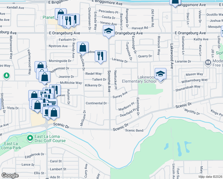 map of restaurants, bars, coffee shops, grocery stores, and more near 2600 Westbury Lane in Modesto