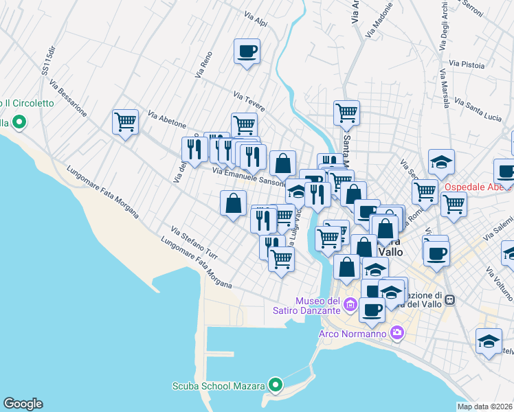 map of restaurants, bars, coffee shops, grocery stores, and more near 23 Via Antonello da Messina in Mazara del Vallo