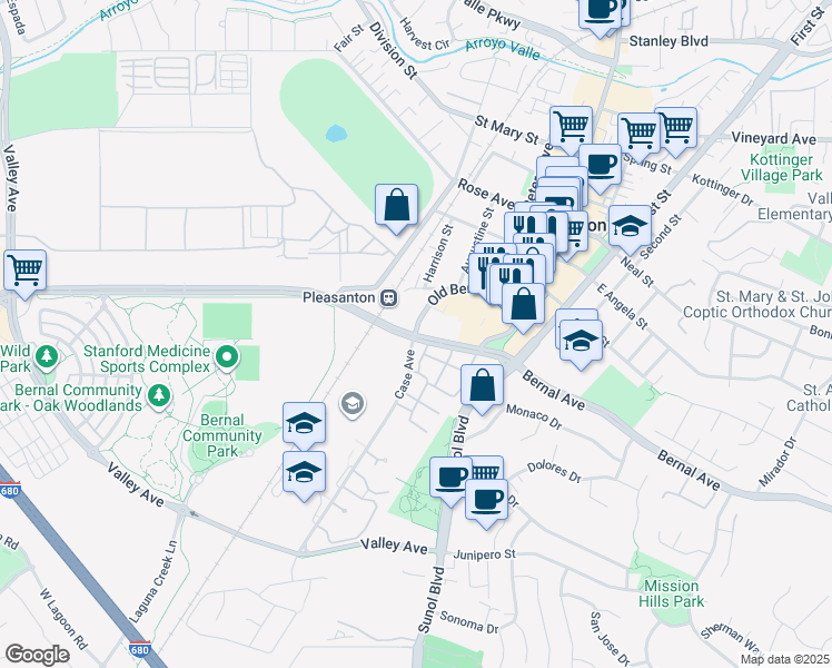 map of restaurants, bars, coffee shops, grocery stores, and more near 489 Old Bernal Avenue in Pleasanton