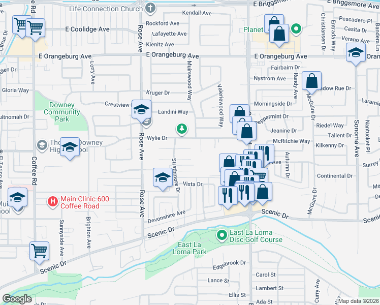 map of restaurants, bars, coffee shops, grocery stores, and more near 1905 Scarborough Court in Modesto