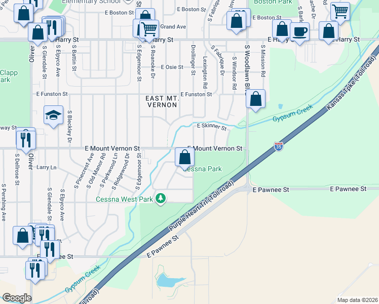 map of restaurants, bars, coffee shops, grocery stores, and more near 5821 East Mount Vernon Street in Wichita