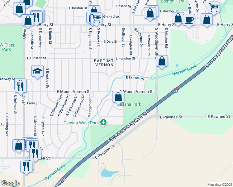 map of restaurants, bars, coffee shops, grocery stores, and more near 5821 East Mount Vernon Street in Wichita