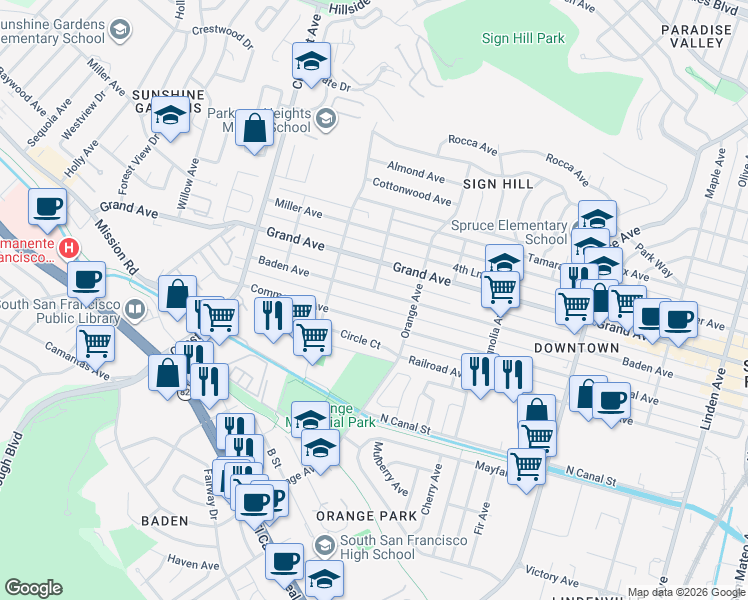 map of restaurants, bars, coffee shops, grocery stores, and more near 737 Baden Avenue in South San Francisco