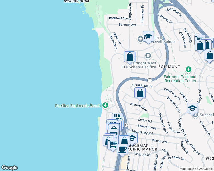 map of restaurants, bars, coffee shops, grocery stores, and more near 100 Palmetto Avenue in Pacifica