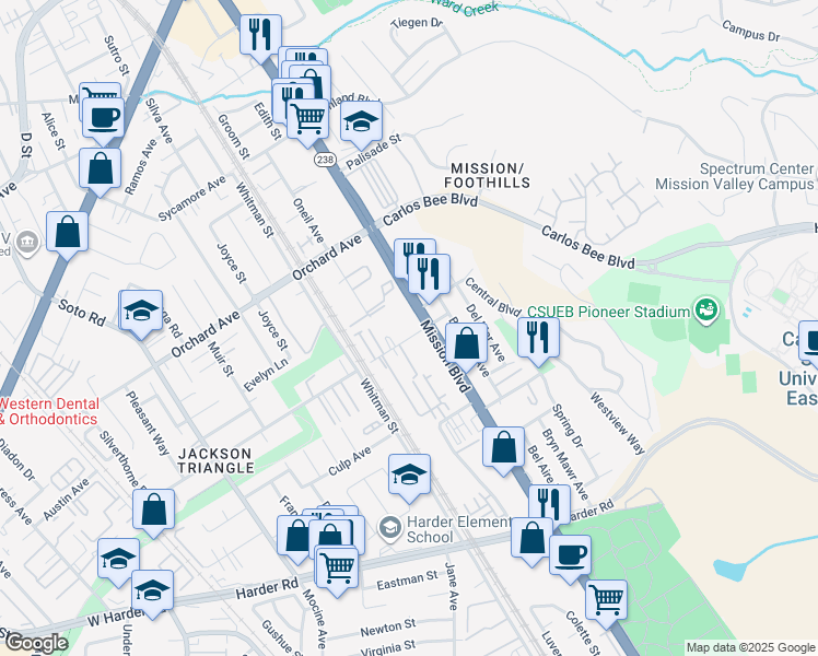 map of restaurants, bars, coffee shops, grocery stores, and more near 25125 Mission Boulevard in Hayward