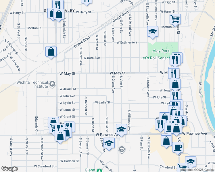map of restaurants, bars, coffee shops, grocery stores, and more near 2048 South Euclid Street in Wichita