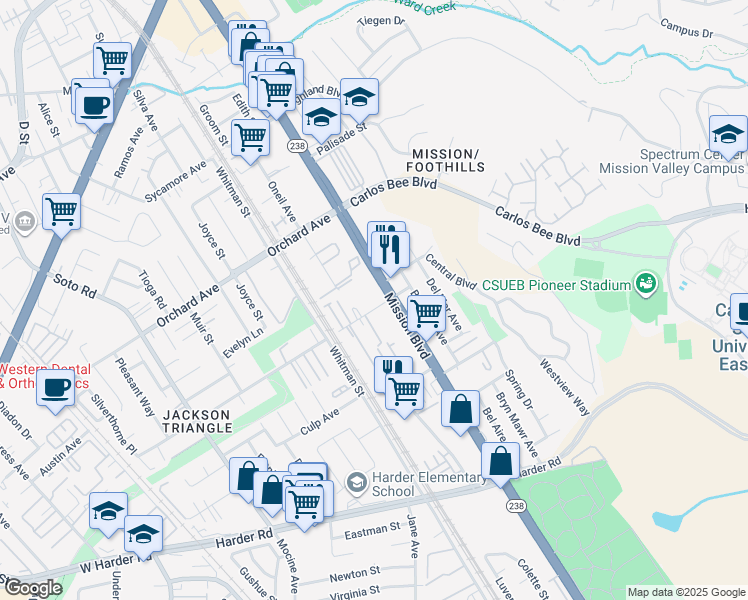 map of restaurants, bars, coffee shops, grocery stores, and more near 25125 Mission Boulevard in Hayward