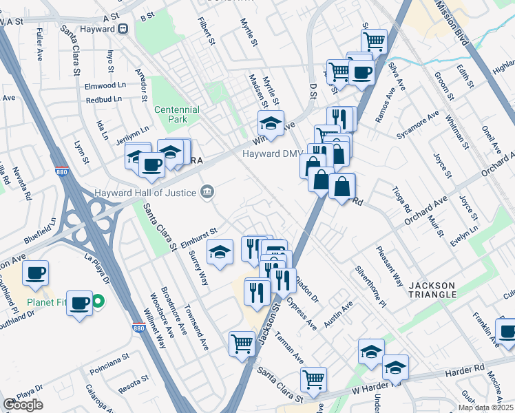 map of restaurants, bars, coffee shops, grocery stores, and more near 24530 Diamond Ridge Drive in Hayward