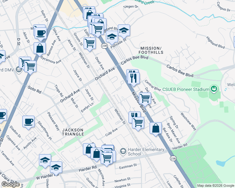 map of restaurants, bars, coffee shops, grocery stores, and more near 664 Berry Avenue in Hayward