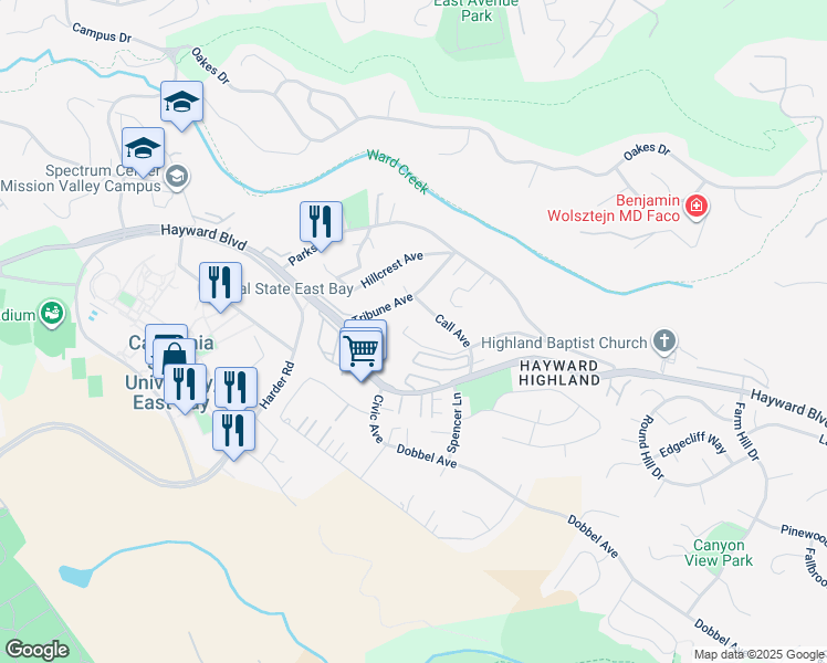 map of restaurants, bars, coffee shops, grocery stores, and more near 2810 Chronicle Avenue in Hayward