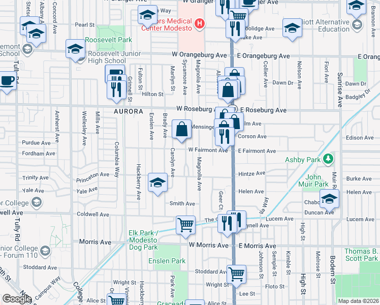 map of restaurants, bars, coffee shops, grocery stores, and more near 1002 Sycamore Avenue in Modesto