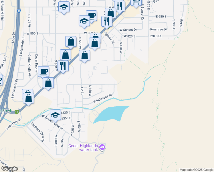 map of restaurants, bars, coffee shops, grocery stores, and more near 342 South Mountain View Drive in Cedar City