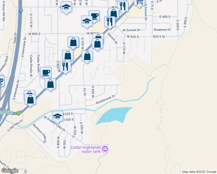 map of restaurants, bars, coffee shops, grocery stores, and more near 342 South Mountain View Drive in Cedar City