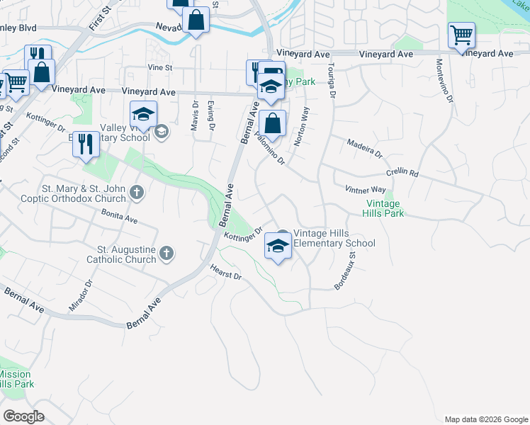 map of restaurants, bars, coffee shops, grocery stores, and more near 3743 Riesling Court in Pleasanton