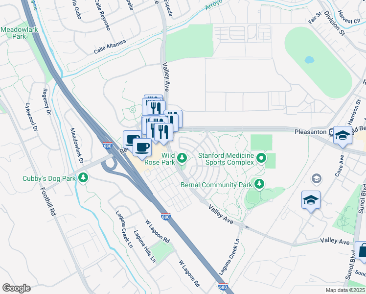 map of restaurants, bars, coffee shops, grocery stores, and more near 1700 Whispering Oaks Way in Pleasanton
