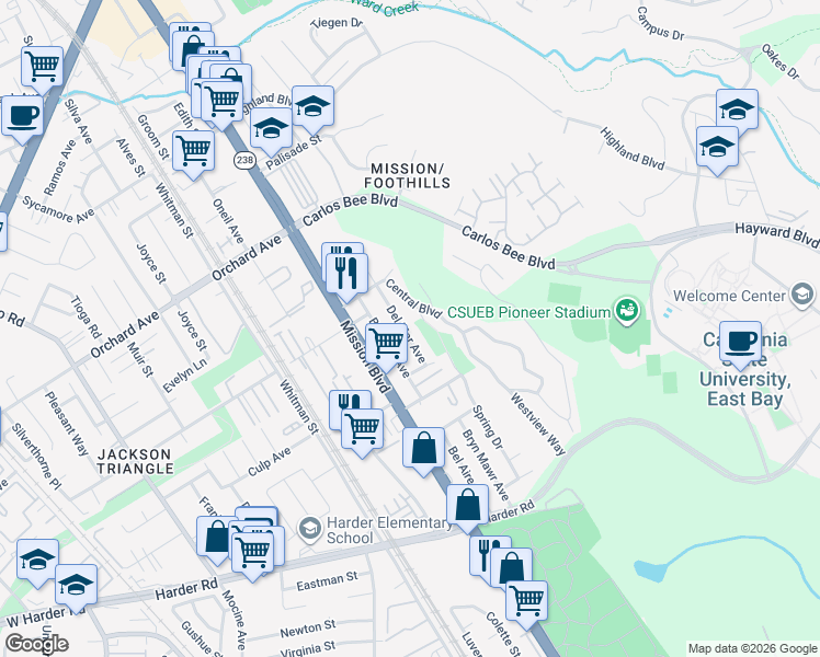map of restaurants, bars, coffee shops, grocery stores, and more near 25269 Del Mar Avenue in Hayward