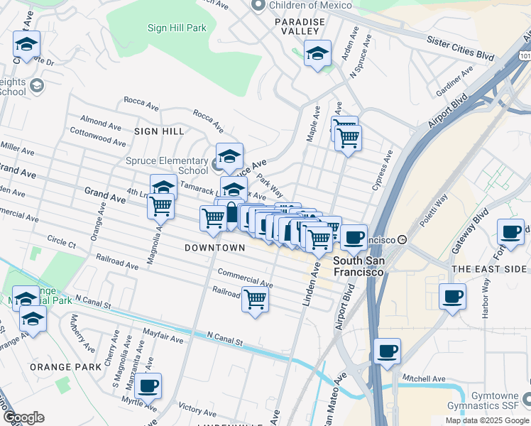 map of restaurants, bars, coffee shops, grocery stores, and more near 412 Walnut Avenue in South San Francisco