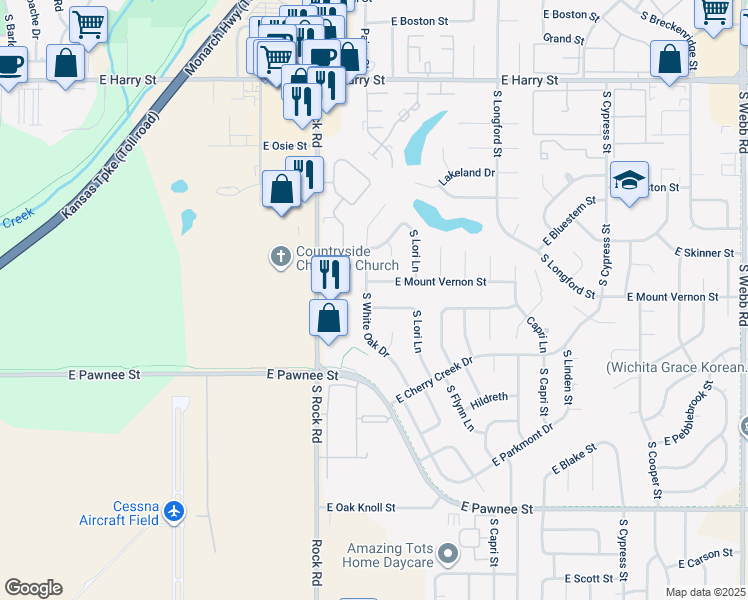 map of restaurants, bars, coffee shops, grocery stores, and more near 8205 East Mount Vernon Street in Wichita