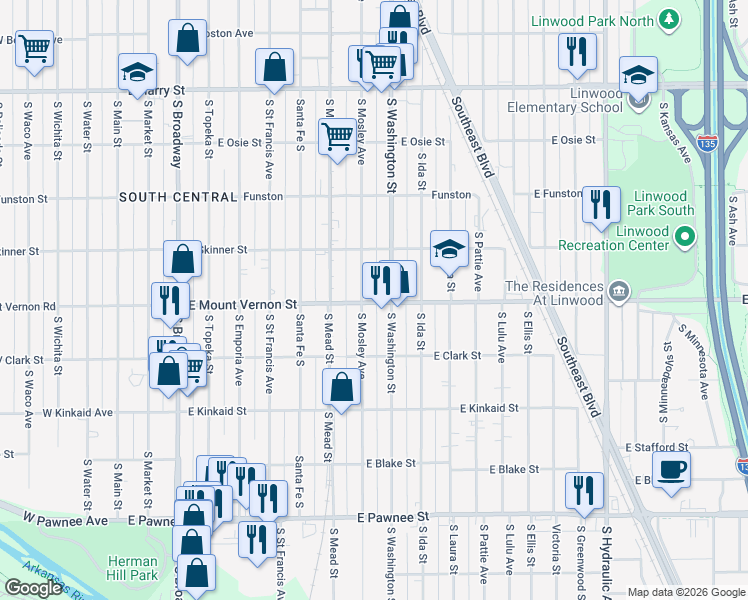 map of restaurants, bars, coffee shops, grocery stores, and more near 1944 South Mosley Street in Wichita
