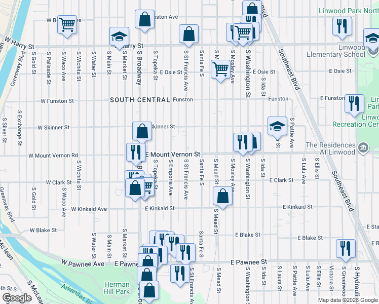 map of restaurants, bars, coffee shops, grocery stores, and more near 1943 North Saint Francis in Wichita