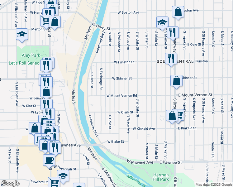 map of restaurants, bars, coffee shops, grocery stores, and more near 1940 South Gold Street in Wichita